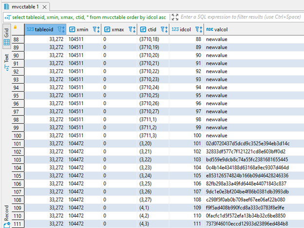 mvcctable Updated Rows